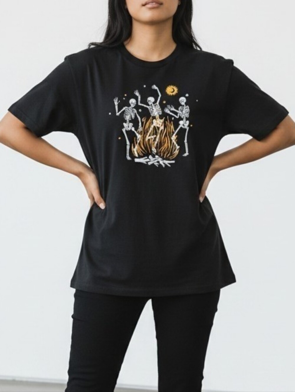 Celebrate Halloween Skeleton Bonfire Graphic Tee Black Size XL Spooky Fall Shirt